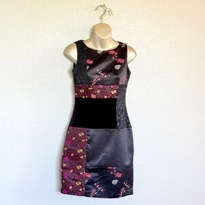 VTG 90s Asian Whimsigoth Patchwork Floral Brocade & Velvet Sheath Dress Size 2P